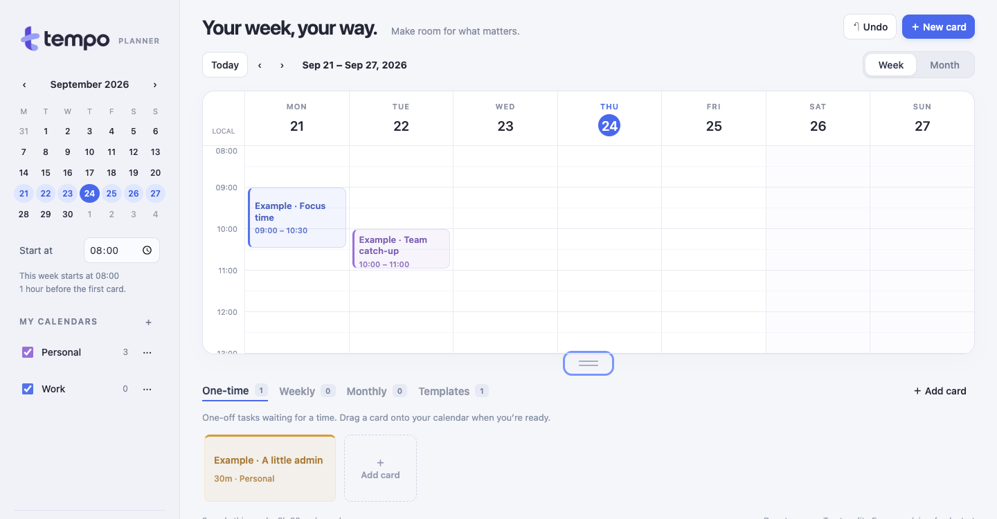 Tempo's actual weekly calendar, with Personal and Work calendars on the left and One-time, Weekly, Monthly and Templates shelves below.